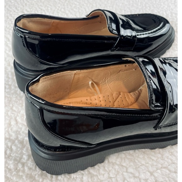 ATALINA • Black Glossy Faux Patent Leather Chunky Platform Loafers - Picture 10 of 15